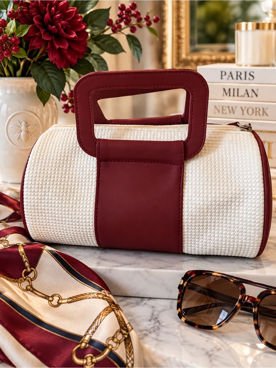 Shiseido Handbags - Shiseido Two-Tone Handbag Cream With Burgundy Versatile‎ Travel or Cosmetic Bag